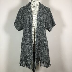 Short sleeved fringed duster cardigan grey black white cozy winter layering M